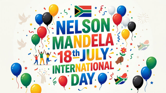 Festive Nelson Mandela international day celebration design with colorful balloons unity spirit and awareness message