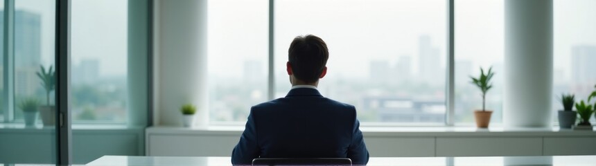 Fototapeta premium Man sitting at a desk looking out the window