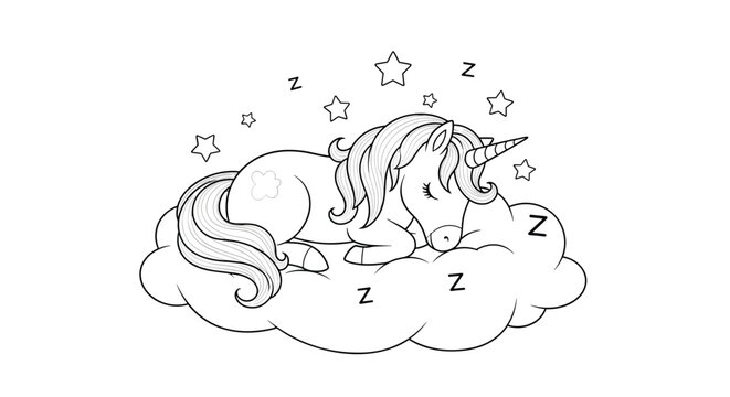 Adorable unicorn sleeping peacefully on a fluffy soft cloud surrounded by twinkling stars and moon in a black and white coloring book page style.