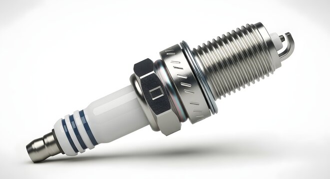 Close up of a silver and white spark plug with blue stripes