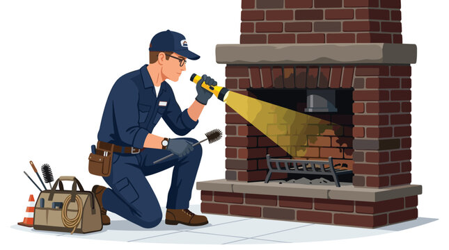 A professional chimney sweep in a navy uniform kneels before a red brick fireplace and uses a handheld flashlight to inspect the soot buildup inside the firebox.