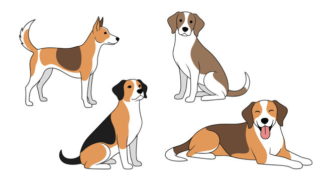 Set of cute beagle dogs in different positions like sitting, standing, and lying down illustrated in a simple flat cartoon style for animal lovers.