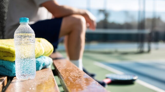 Sparkling water bottle and colorful towels on bench at tennis court with blurred player for sports hydration design, poster and background