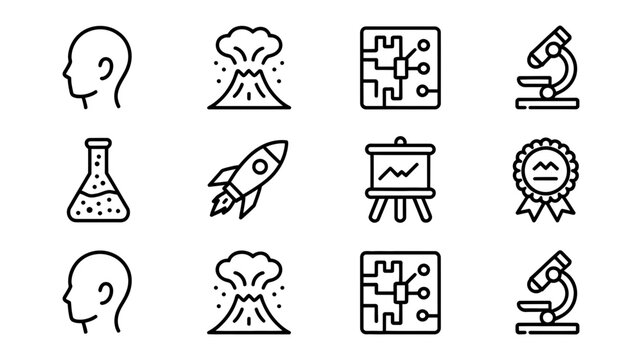 Set of science and technology outline icons including human profile volcano circuit board microscope rocket