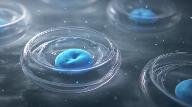 Blue embryonic stem cells dividing in glass petri dishes under microscopy, representing cutting edge cell culture, regenerative medicine, biotechnology research and laboratory innovation