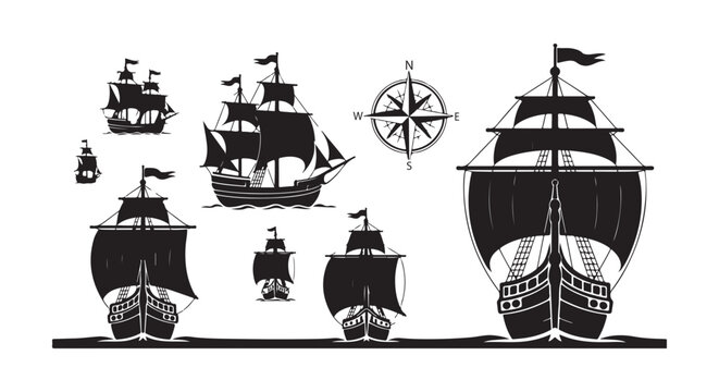 Vintage Sailing Ship and Pirate Vessel Silhouettes with Compass Rose - Nautical Adventure Theme