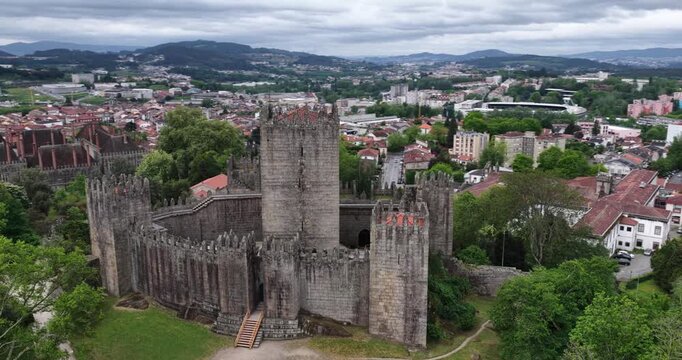 Historic Guimaraes Castle aerial perspective in Portugal