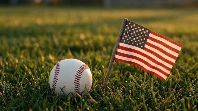 Cinematic 4K Slow Motion of a Baseball and American Flag on Green Grass Field during a Golden Hour Sunset for 4th of July Celebration