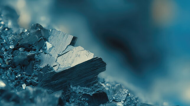 Close up of jagged metallic crystal fragments with intricate raw texture and sharp geometric facets, set against a soft defocused blue background highlighting silver luster