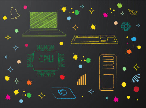 educational chalk doodles with computer science objects