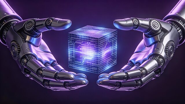 Robot Hands Holding Glowing Cube