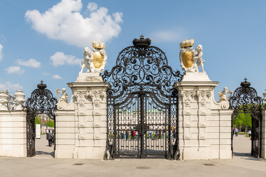 April 17, 2026, Vienna, Austria. Belvedere gate with extended architectural context.