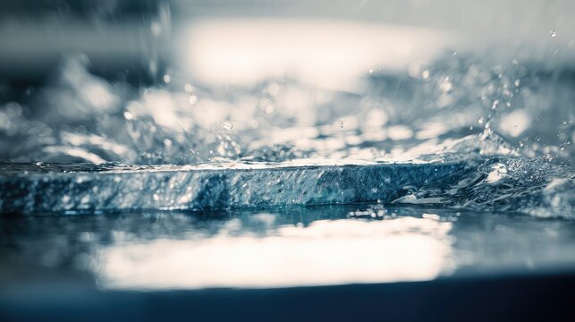 Water drops striking a dark textured surface, sending dynamic splashes, ripples and droplets across a vibrant blue liquid background, evoking freshness and motion
