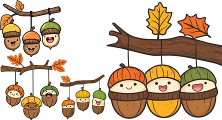Kawaii autumn acorn characters hanging on tree branches, cute fall season nut mascots with happy faces, colorful forest foliage vector set © Design