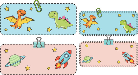 Cute dinosaur and space rocket label set, cartoon animal and galaxy name tags with paper clips, 4 printable vector frames for kids school supplies © Design