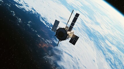 Fototapeta premium Communication satellite flying above the curved horizon of earth, looking down at the blue atmosphere and surface with a distant view of stars and the dark cosmic void