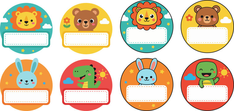 Cute animal name tags for kids, set of 8 cartoon character labels with blank space, colorful school supply stickers for children, vector illustration