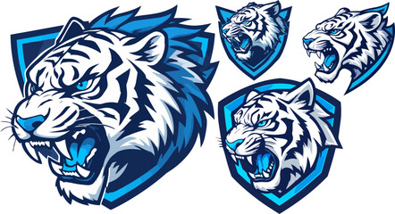 Aggressive white tiger mascot vector set, blue and white tiger head sports logos, fierce wild cat shield emblems for gaming and esports teams © Design