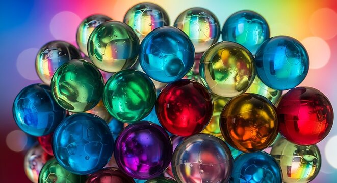 Stacked, luminous, spherical glass objects reflect light against a blurred multi-hued backdrop