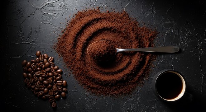 Still life of coffee beans, grounds in swirl, spoon, and cup on a dark surface