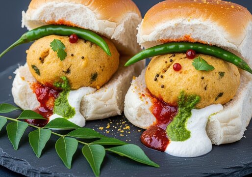 Two delicious vada pav sliders with chutney and green chili