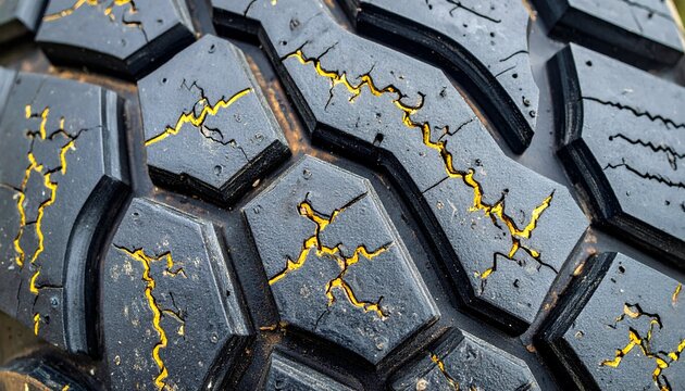 Close-up of aged tire tread showing cracks with yellow dirt or residue