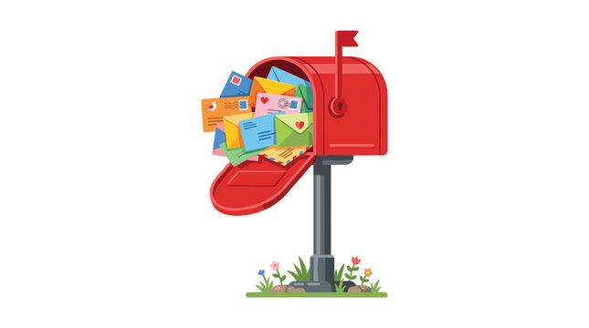 A vibrant red metal mailbox stands overflowing with a collection of colorful postal envelopes on a small patch of green grass against a clean white backdrop.