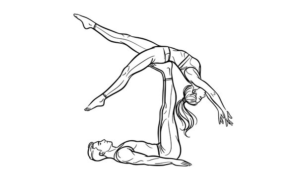 Dynamic acroyoga line art vector couple performing advanced balance pose fitness trust illustration isolated on white