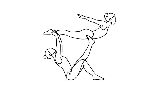 Minimal acroyoga couple continuous line art vector illustration balance trust wellness concept isolated on white background
