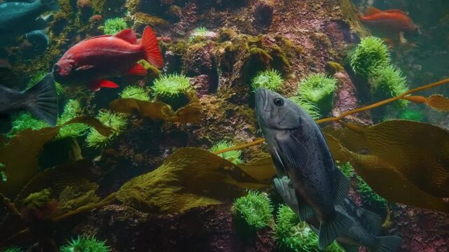 A close up shot of several colorful Anthias fish, including a prominent orange one, swimming peacefully among dark coral formations in a marine aquarium.