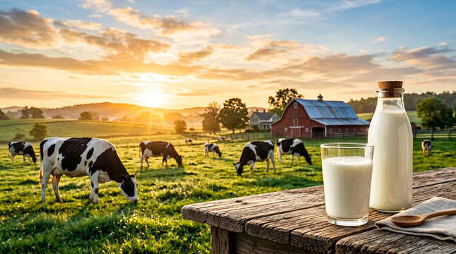 Fresh milk on a farm at dawn, grazing cows, dairy farm landscape with cows and a glass of fresh milk, World Milk Day concept in the countryside, organic farming, bottle of organic milk and glass on a 