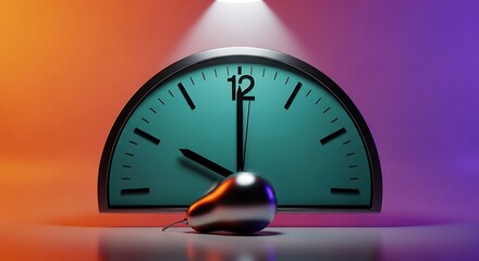 Naklejka premium Surreal clock half-viewed, with a metallic pear-like shape beneath a colorful gradient backdrop