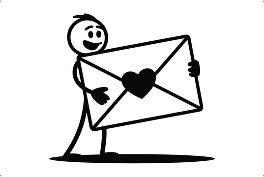 Smiling stick figure cartoon holding a blank sign with a heart, ready for your custom message.