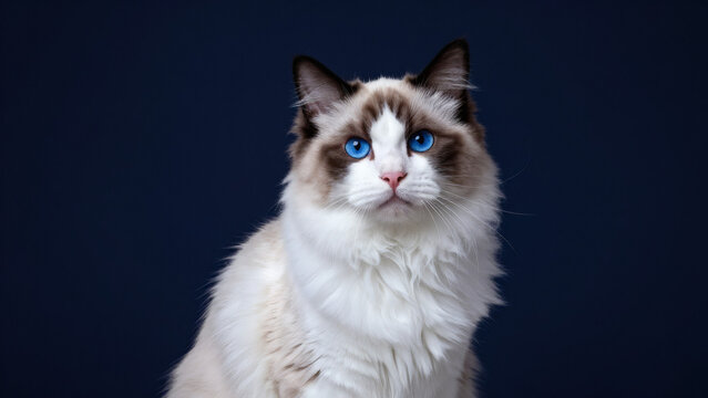 Portrait chat ragdoll yeux bleus intenses sur fond bleu fonc&eacute;