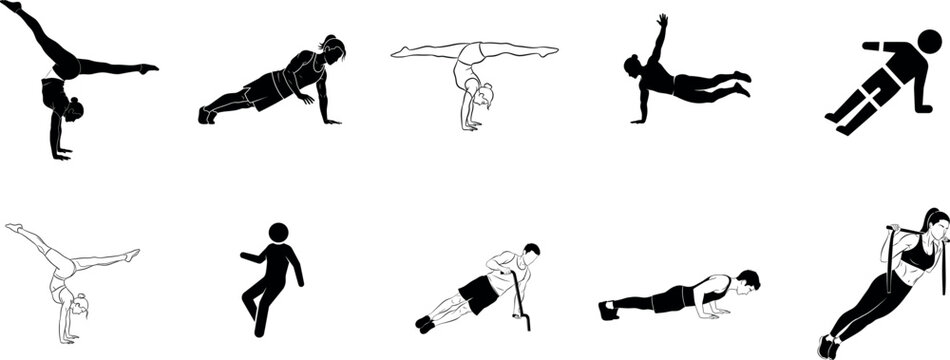 Fitness exercises pictograms gymnastics yoga calisthenics and strength training