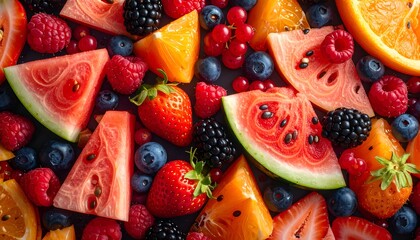 Obraz premium Sliced assorted fruits create a colorful, vibrant, and appetizing background