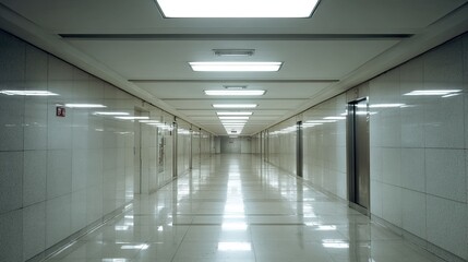 Fototapeta premium Long empty, clean, and bright corridor with fluorescent lights reflecting on a polished white tiled floor, creating a deep perspective and sense of vastness in modern building architecture