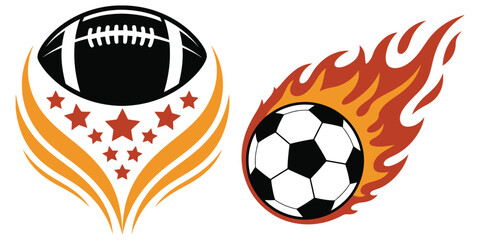 Sports icon set with football and soccer ball, dynamic fiery flame trails and glowing star effects, powerful athletic motion illustration pack for competition themes, esports branding, posters, and  © Mizu Ahmed 3