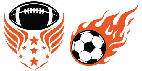 Dynamic sports icons featuring football and soccer ball, fiery flame effects and star accents, energetic motion design set, modern athletic branding illustration pack for competition, speed, and  © Mizu Ahmed 3