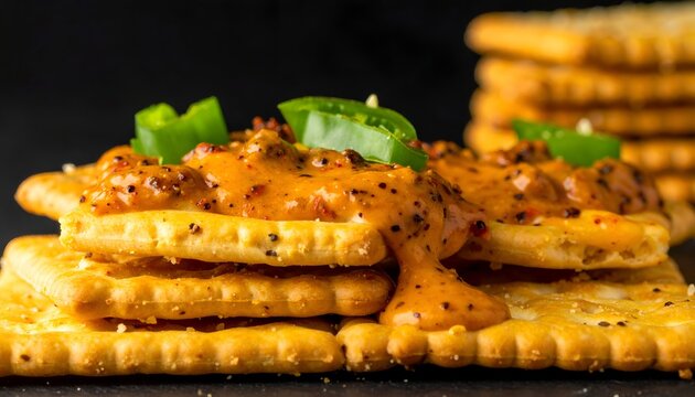 Savory crackers layered with creamy topping and jalape?os on dark surface