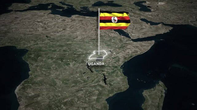 Uganda Map Animation with 3D Waving of Uganda National Flag and Glowing Border Animation on World Map