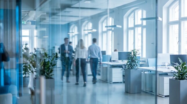Colleagues walking through brightly lit modern office corridor with glass walls and indoor green plants creating professional atmosphere for collaborative working environment and corporate