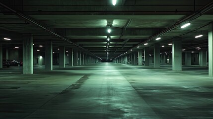 Naklejka premium Empty underground parking garage with concrete pillars and fluorescent lighting creating a symmetrical, foreboding, and unsettling atmosphere, conveying themes of urban isolation