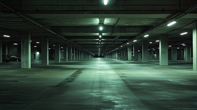 Empty underground parking garage with concrete pillars and fluorescent lighting creating a symmetrical, foreboding, and unsettling atmosphere, conveying themes of urban isolation