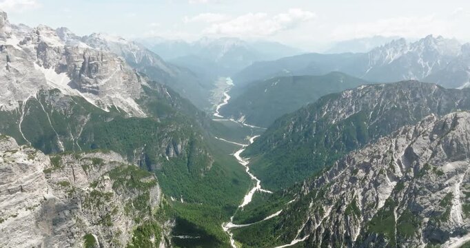 Aerial of a valley seen from Auronzo mountain hut (Rifugio Auronzo), Dolomites, Italy