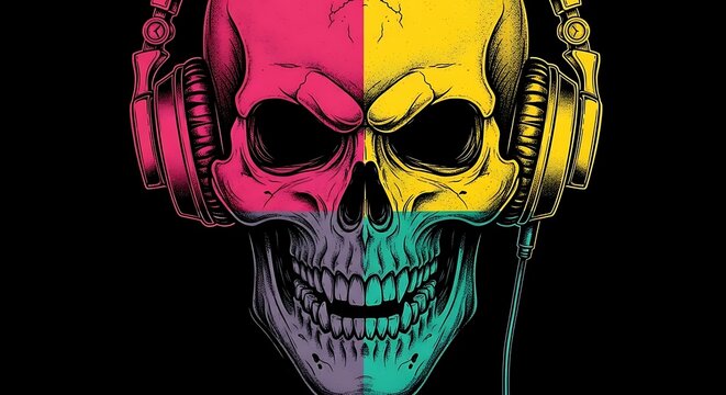 Vivid split-color skull with headphones against black background