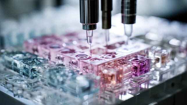 Robotic pipettes precisely dispensing liquids into microfluidic chips, highlighting advanced laboratory automation and biotechnology in a modern scientific environment