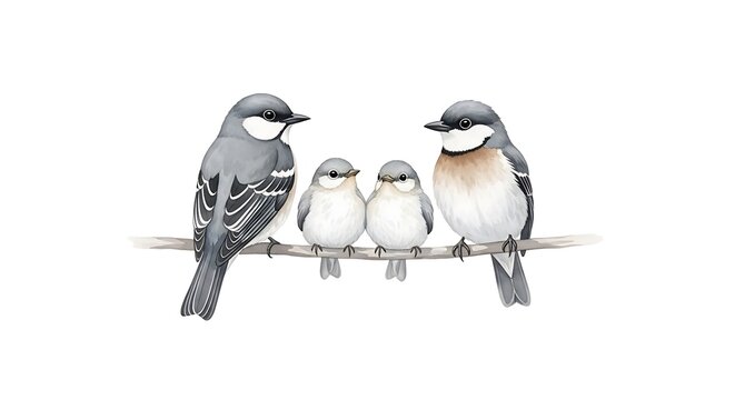 Watercolor painting of a bird family, four birds perched on a branch, white background