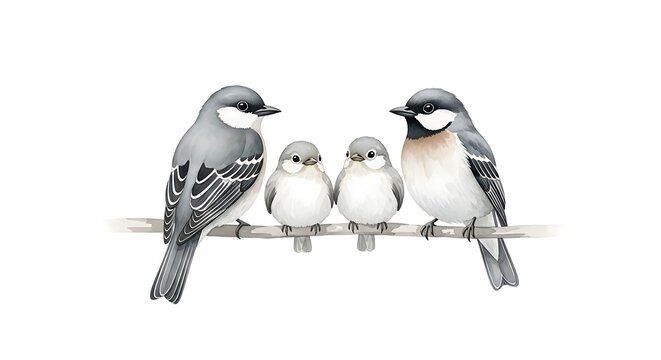 Watercolor depiction of a bird family, four birds perched on a branch, white background