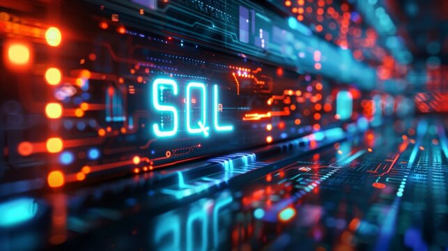 Digital circuit board glows with neon blue SQL text. Warm orange lights contrast cool blue hues. Futuristic tech theme highlights data and programming. Perfect for software, database